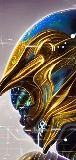 Futuristic character with golden armor and intricate details.