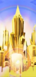 Futuristic golden cityscape with radiant skyscrapers and a vibrant skyline.