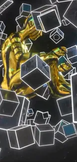 Golden cyborg enveloped by transparent floating cubes on a dark background.