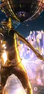 Golden futuristic figure with cosmic backdrop.