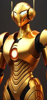 Golden futuristic robot with sleek armor displayed on dark background.