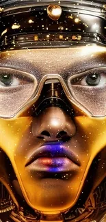 Futuristic golden robot face with detailed features.