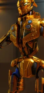 Futuristic golden robot with intricate details and shiny armor.