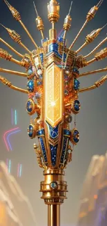 Futuristic golden scepter with blue accents on dark background.