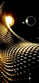 Futuristic golden spiral wave with shimmering details and dark background.