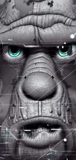 Futuristic gorilla face with cybernetic elements and turquoise blue eyes.