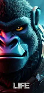 Futuristic cyber-gorilla with intense gaze and glowing colors.