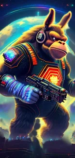 Futuristic gorilla warrior with neon colors and sci-fi elements on a mobile wallpaper.