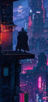 Neon Gotham City skyline at night with a mysterious figure.