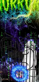 Futuristic horror wallpaper with gothic gate and neon elements.