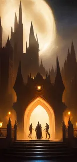 Futuristic gothic scene with moon and spires.