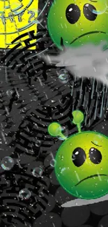 Futuristic green alien emoji wallpaper with digital patterns.