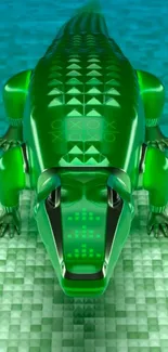 Futuristic green alligator with geometric patterns on a mobile wallpaper.