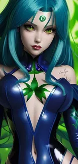 Futuristic anime character in green and blue hues, with detailed artistic design.