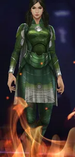 Futuristic figure in green armor on a sci-fi background.