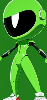 Futuristic green character with helmet on a vibrant wallpaper.