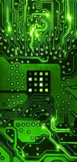 Futuristic green circuit board wallpaper with glowing lines.