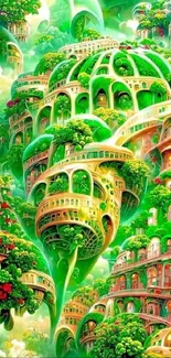 Futuristic cityscape with green domes and lush vegetation.