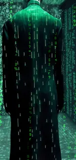 Futuristic wallpaper with green code and silhouette.