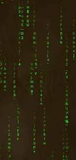 Futuristic mobile wallpaper with green matrix code on a dark background.