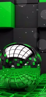 Futuristic design with green cubes and a reflective metallic sphere.