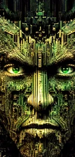 Futuristic green face mobile wallpaper with intricate digital design.