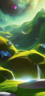 Futuristic landscape with green hills and celestial orbs in a galaxy setting.