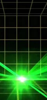 Futuristic green grid with neon laser beams.