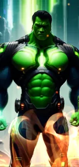 Powerful green superhero in futuristic setting.