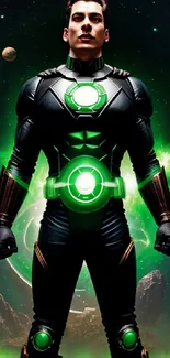 Futuristic hero in glowing green armor against a cosmic background.