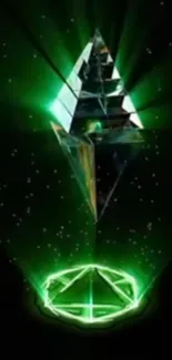 Futuristic green pyramid with neon glow and cosmic design.