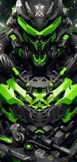 Mobile wallpaper with futuristic green robot design and intricate details.