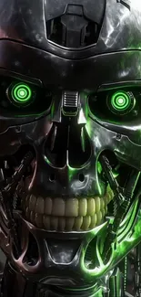 Futuristic metallic robot skull with green accents.