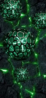 Futuristic green spheres on dark textured background wallpaper.