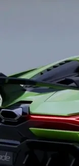 Futuristic green sports car with sleek lines and red accents.