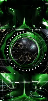 Futuristic green and black tech-themed wallpaper with abstract patterns.