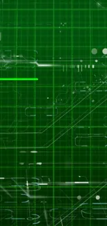 Green futuristic tech wallpaper with digital grid lines and circuits.