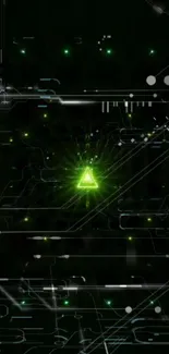 Futuristic wallpaper with green circuits and a glowing triangle.