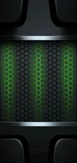 Futuristic wallpaper with green neon hexagons and metallic accents.