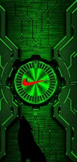 Futuristic neon green tech wallpaper with a wolf silhouette and circuits.