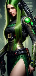 Futuristic green-haired female warrior with cyberpunk aesthetics on mobile wallpaper.