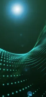 Futuristic green wave and glowing dots digital wallpaper.