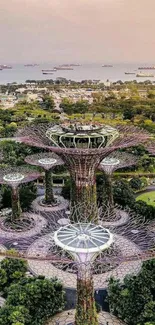 Aerial view of futuristic city park with lush greenery and towering architectural structures.