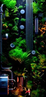 Futuristic wallpaper with tech elements and vibrant greenery.