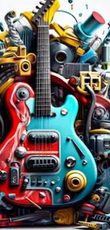 Colorful futuristic guitar amidst mechanical elements on a vibrant wallpaper.