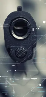 Futuristic gun with digital tech overlay design on wallpaper.