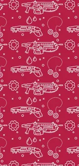 Futuristic guns pattern on red wallpaper.