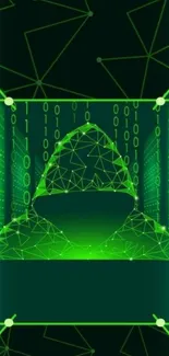 Neon green hacker-themed wallpaper with digital lines and hooded figure.