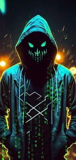 Hooded figure with glowing eyes and binary codes in a cyberpunk setting.