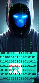 Hooded figure with blue digital face and glowing matrix code.